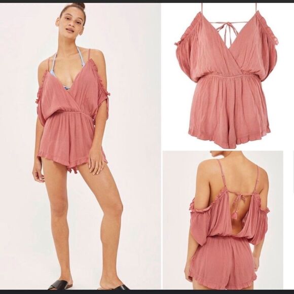 Topshop Cold Shoulder Ruffle V Neck Crinkle Light Pink Beachy Casual Romper - Picture 2 of 16